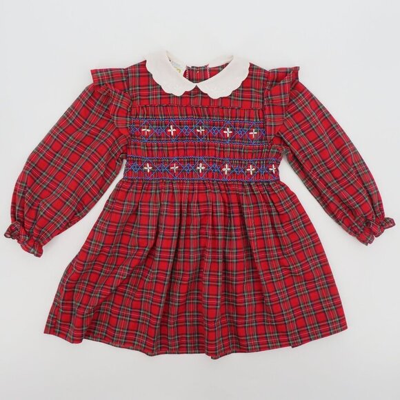 VTG Happy Kids Girls 5 Red Plaid Tartan Check White Collar Smocked Dress Holiday - Picture 12 of 13